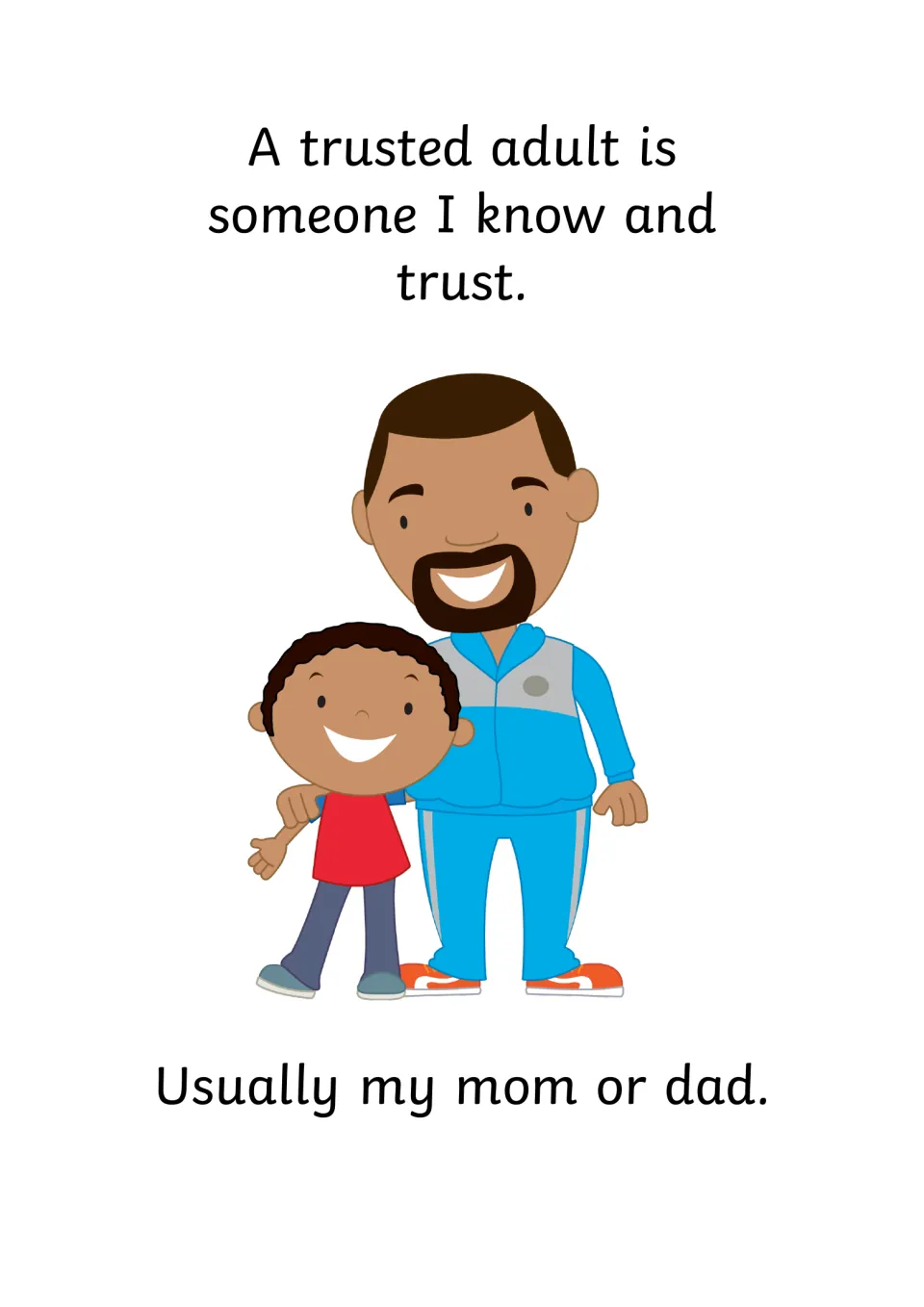 Trusted adult page: a trusted adult is someone I know and trust, usually mum or dad, shown with a smiling father and son