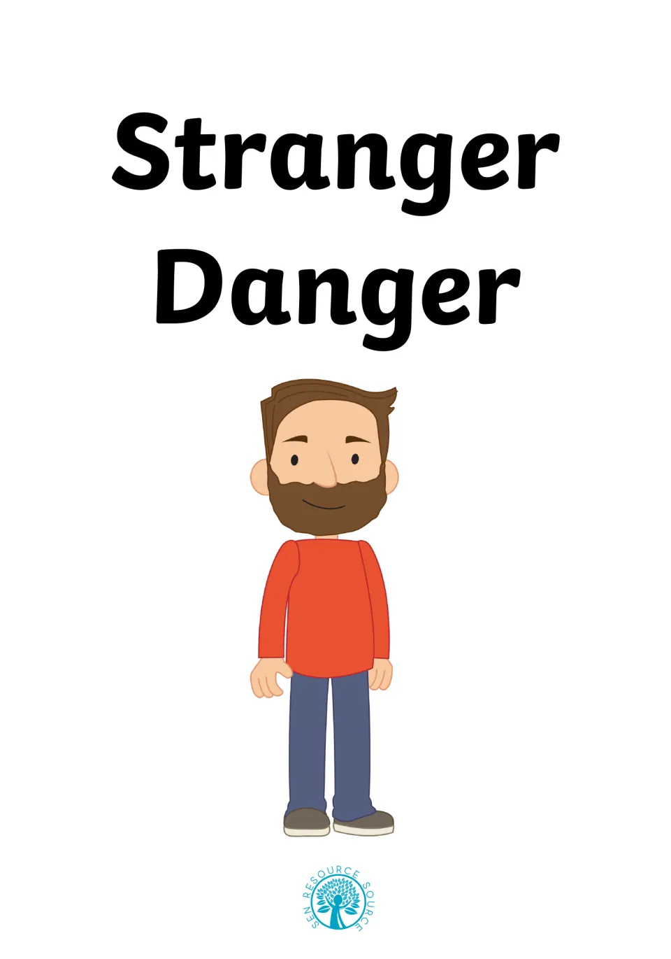 Stranger Danger cover: title above a smiling bearded man in a red jumper, opening a picture story on staying safe