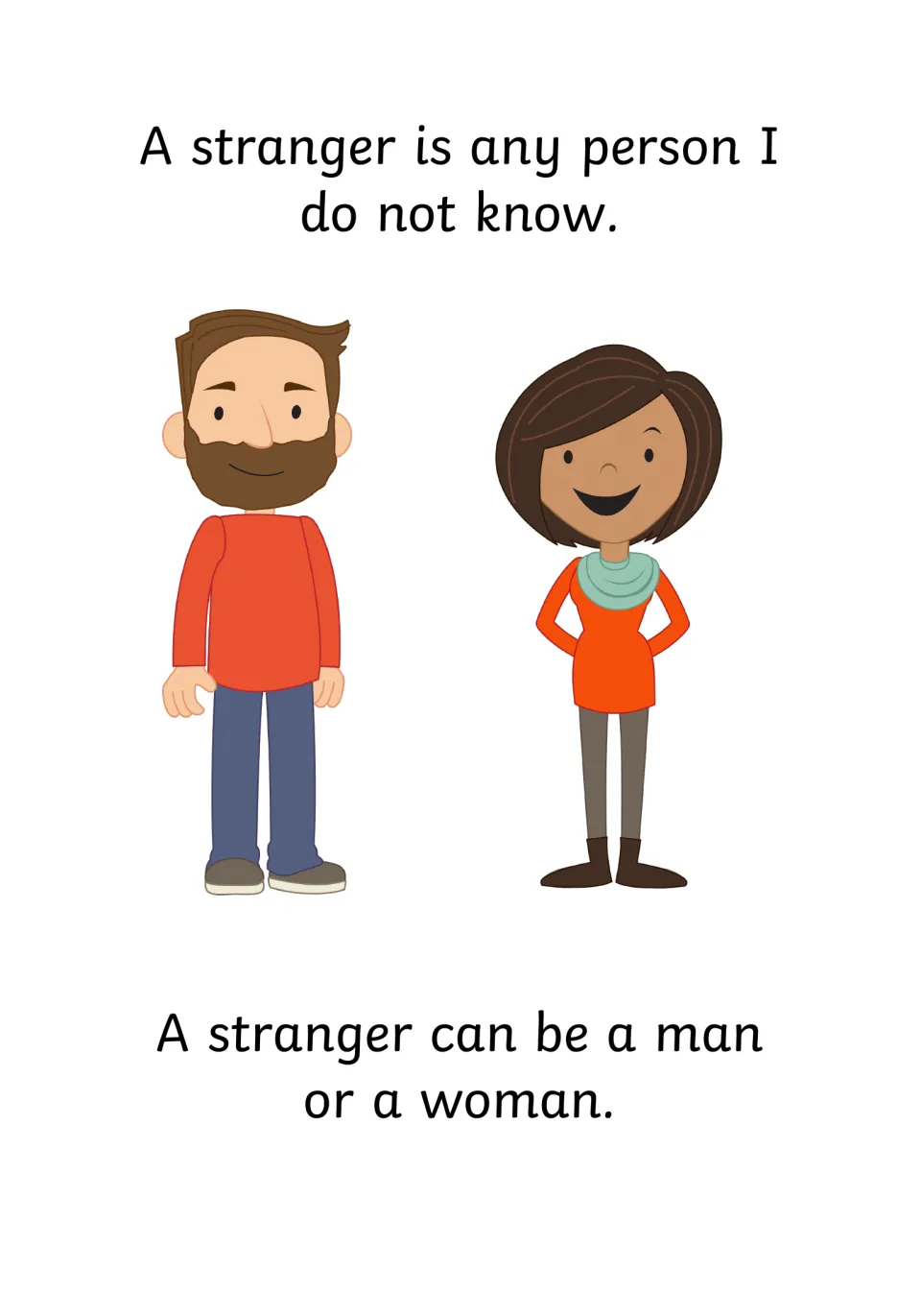 Who is a stranger: any person I do not know, and a stranger can be a man or a woman, shown by two cartoon adults