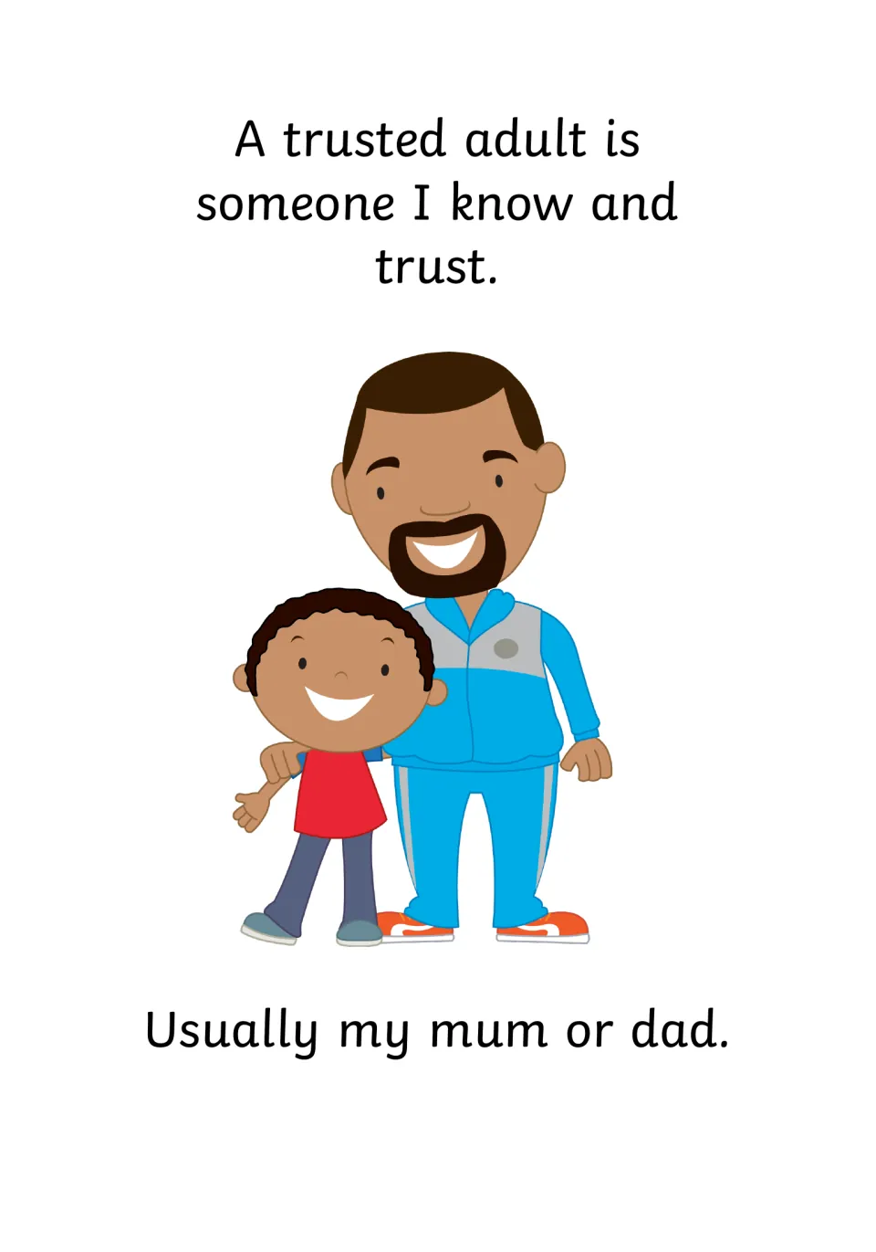 Trusted adult meaning: someone I know and trust, usually my mum or dad, shown by a man with an arm around a boy