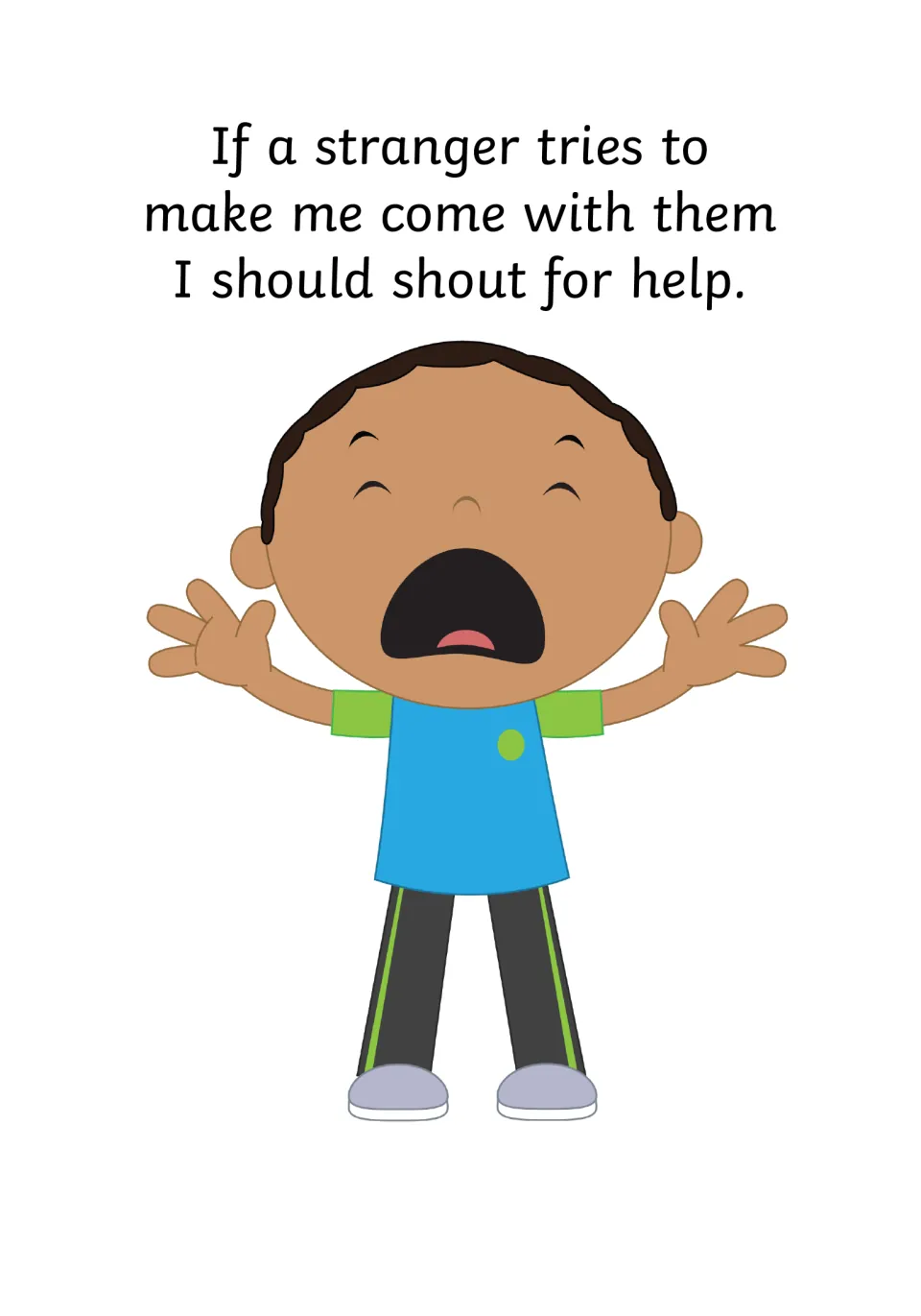 Getting help: if a stranger tries to make me come with them I should shout for help, shown by a boy yelling