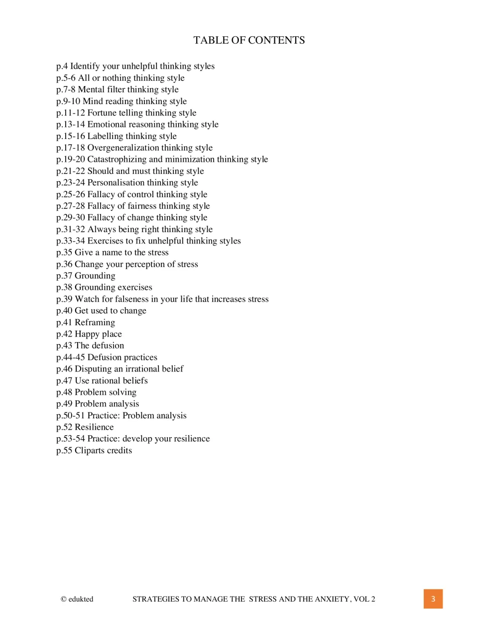 Workbook contents listing thinking style lessons, grounding, reframing, problem analysis, and resilience