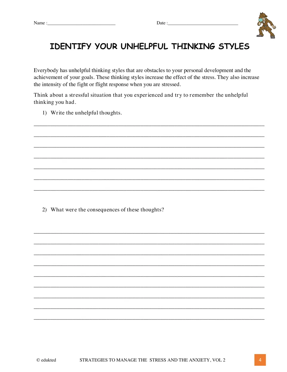Opening reflection asks learners to identify unhelpful thoughts from a stressful situation and their consequences