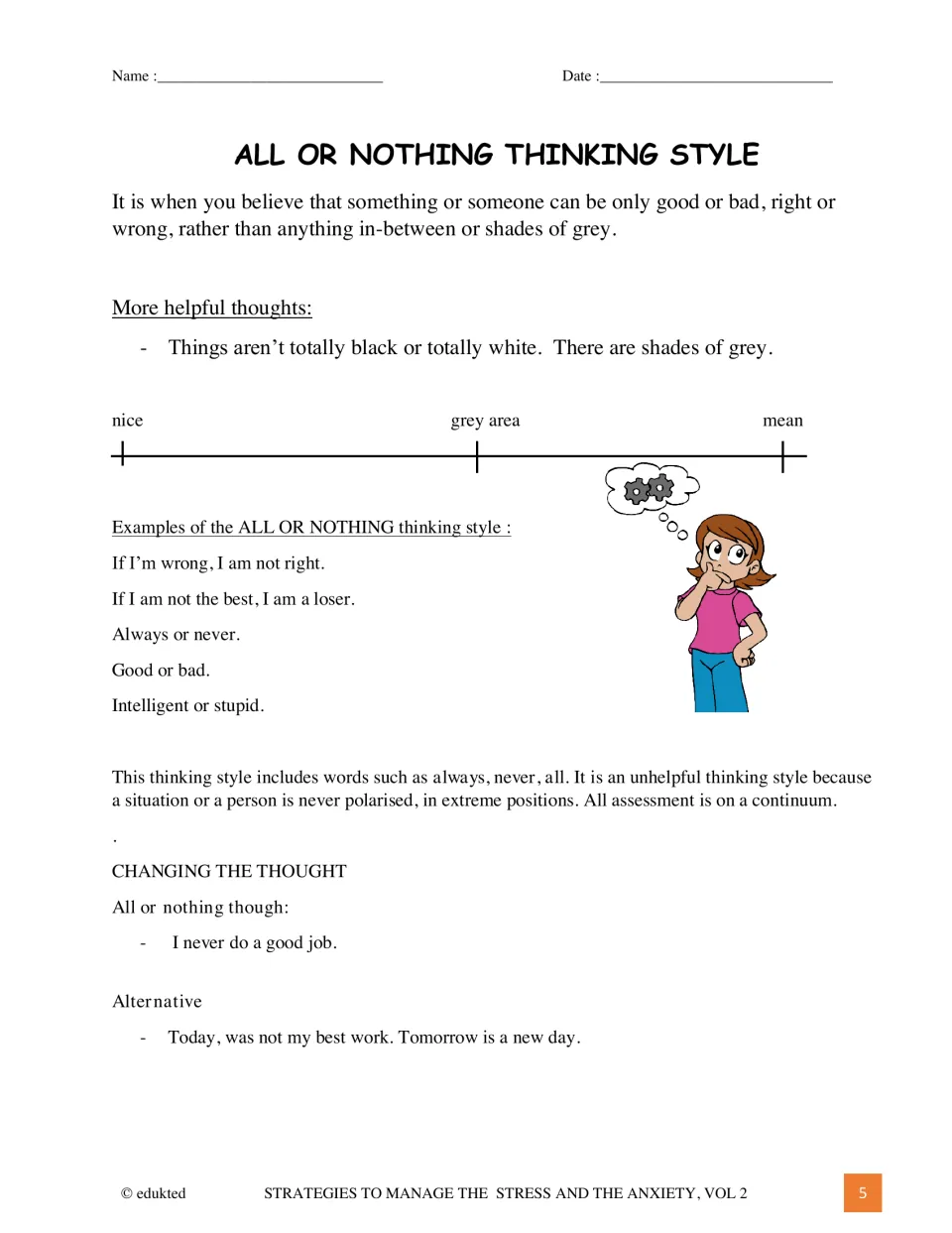 All-or-nothing thinking lesson explains extreme judgments and models replacing them with more balanced thoughts