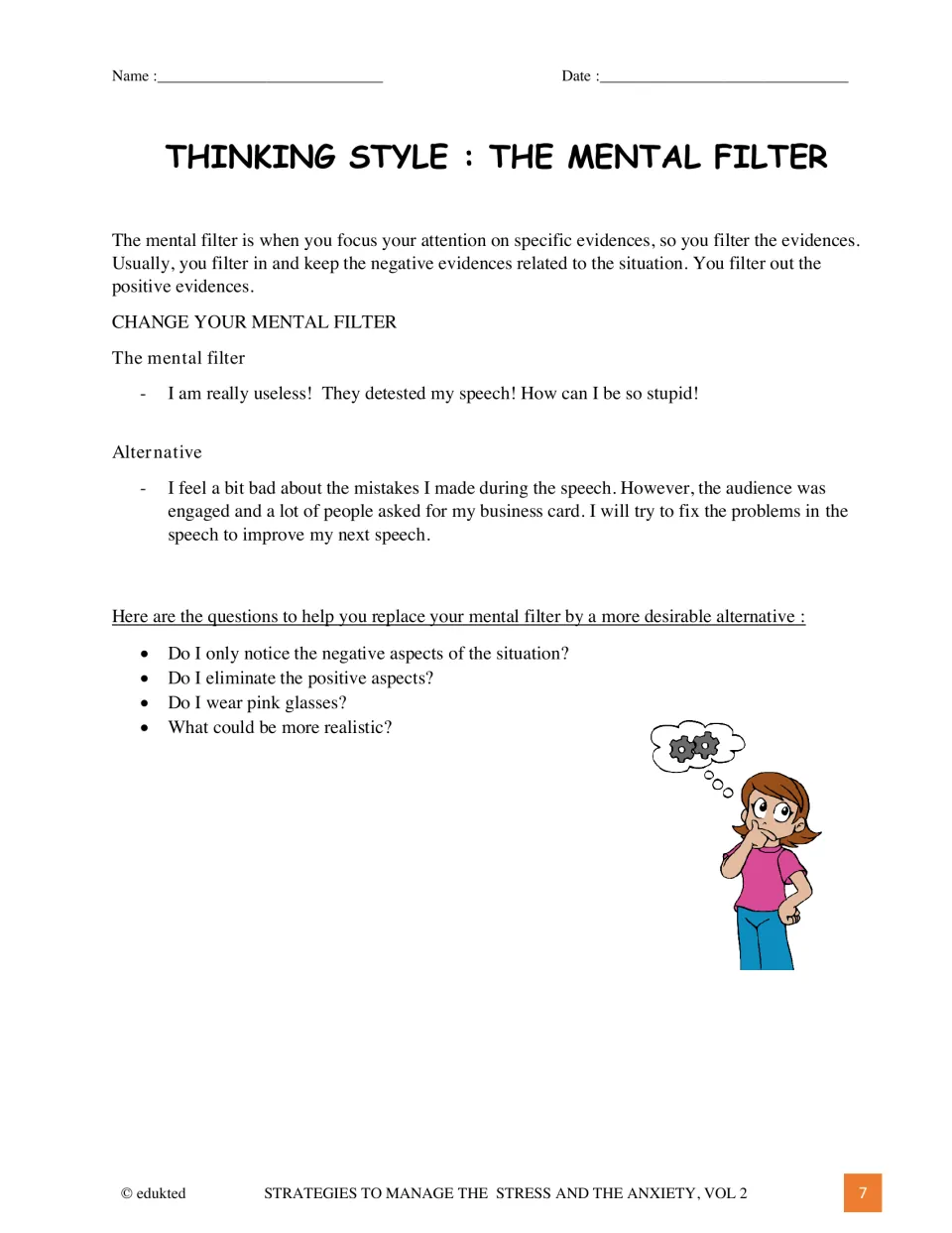 Mental filter lesson explains focusing on negative evidence and offers a speech example and reflection questions