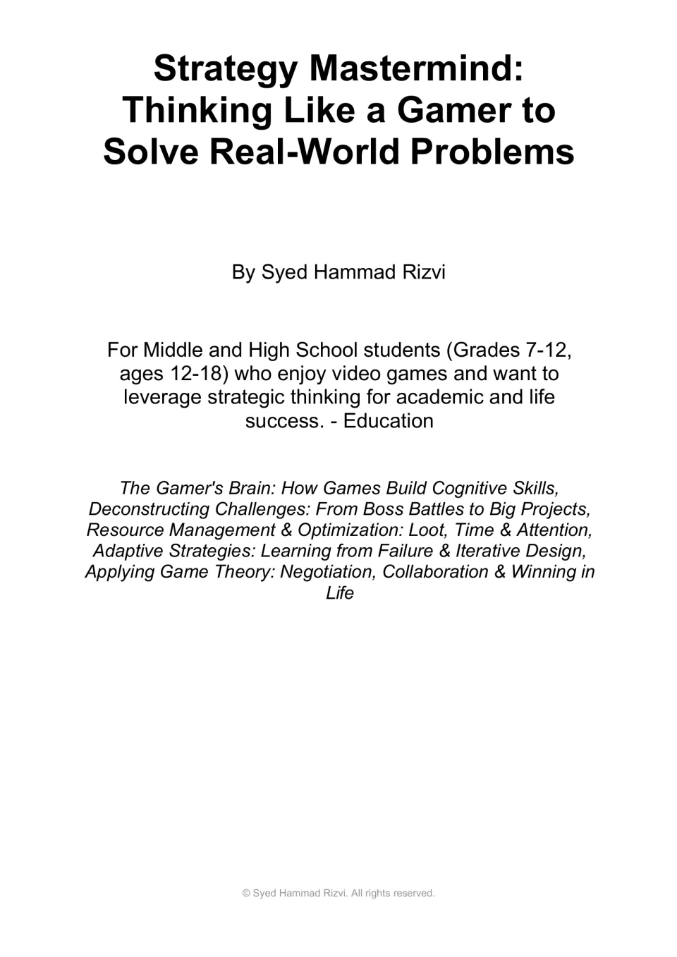 Book cover introducing gaming-based strategic thinking for grades 7–12, written by Syed Hammad Rizvi