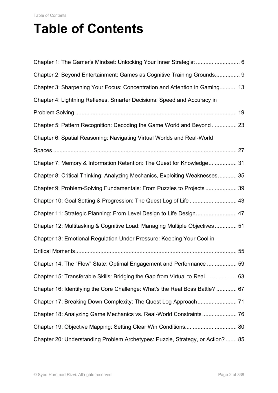 Contents for chapters 1–20: gaming mindset, cognitive skills, goal setting, planning, and problem solving