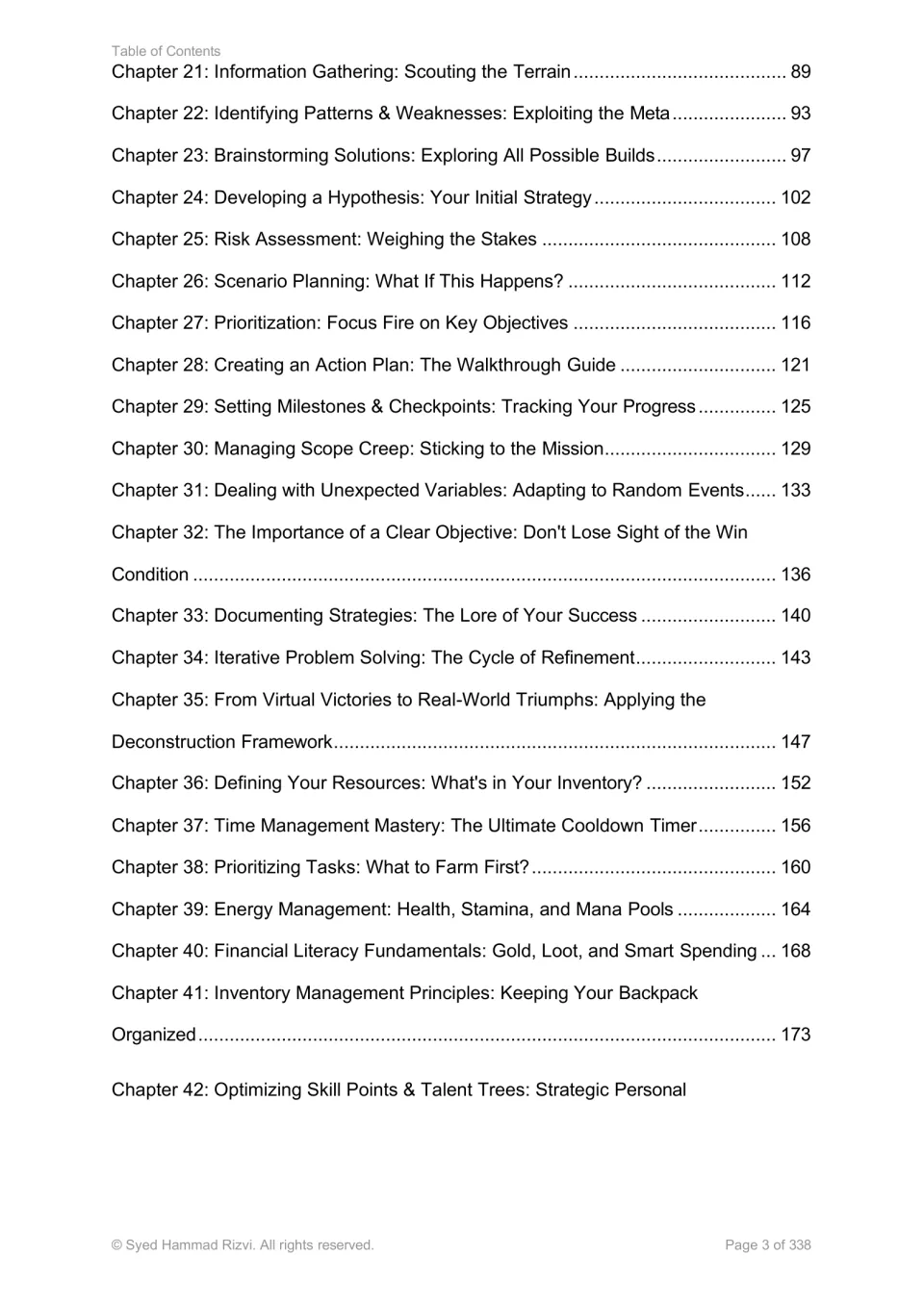 Contents for chapters 21–42: gathering information, assessing risk, planning actions, and managing resources