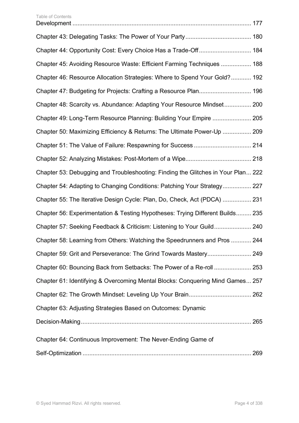 Contents continue chapter 42 and list chapters 43–64 on delegation, resource allocation, failure, and growth