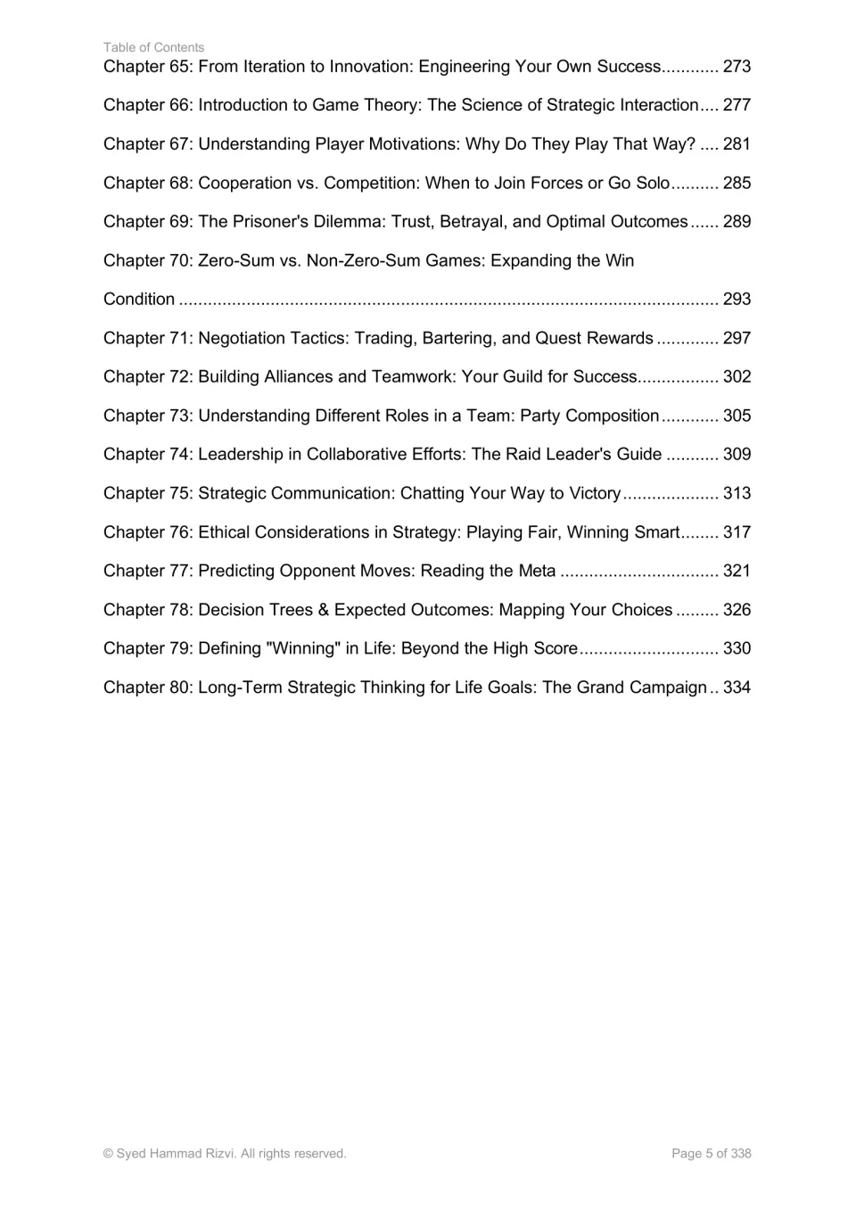 Contents for chapters 65–80: innovation, game theory, negotiation, teamwork, ethics, and long-term goals