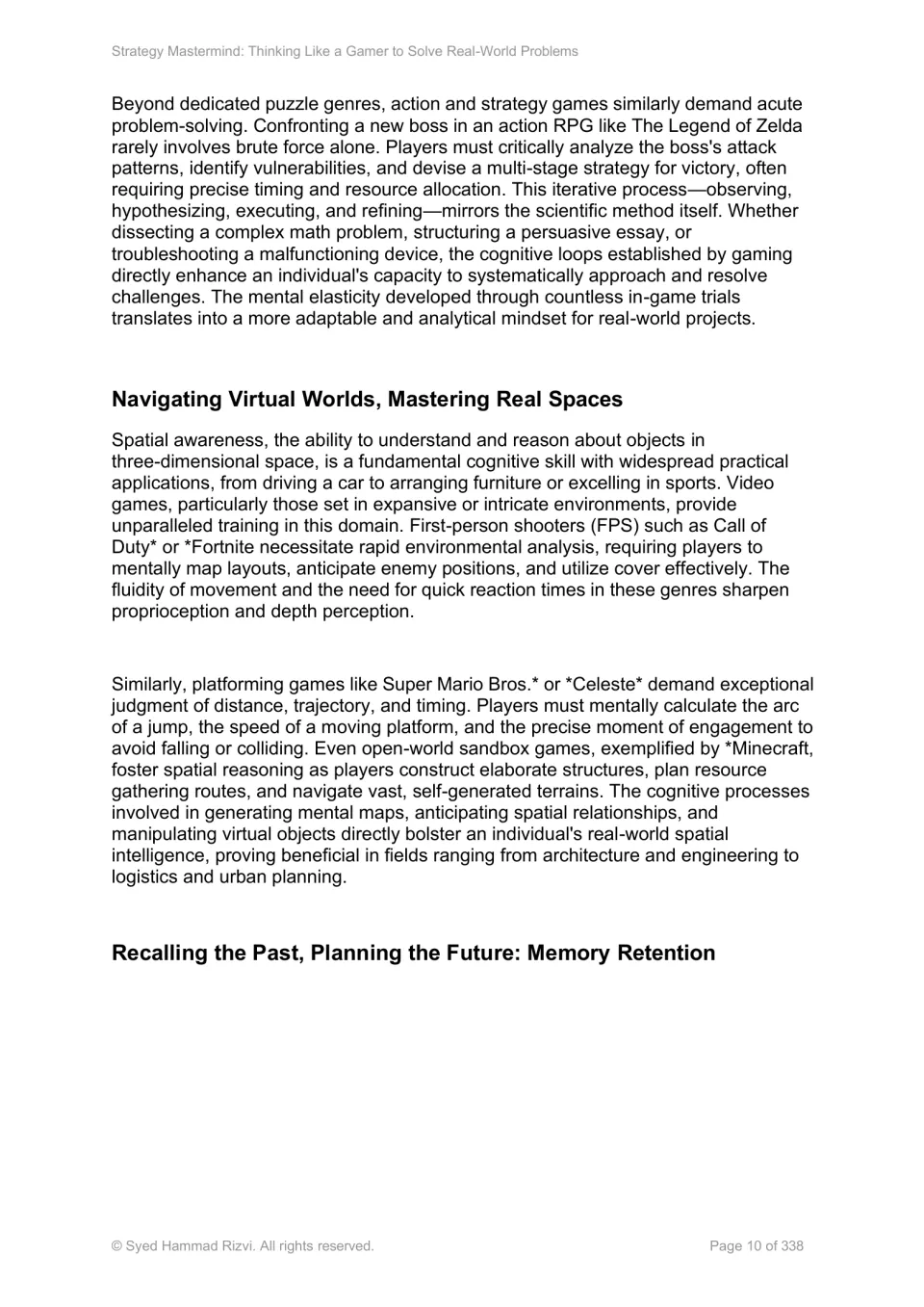 Chapter 2 continues problem solving and spatial reasoning, then introduces the memory retention section