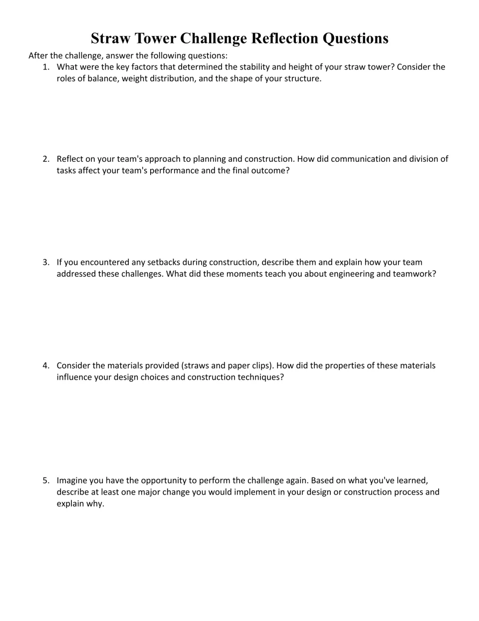 Reflection questions: students answer 5 prompts on tower stability, teamwork, setbacks, materials and redesign ideas