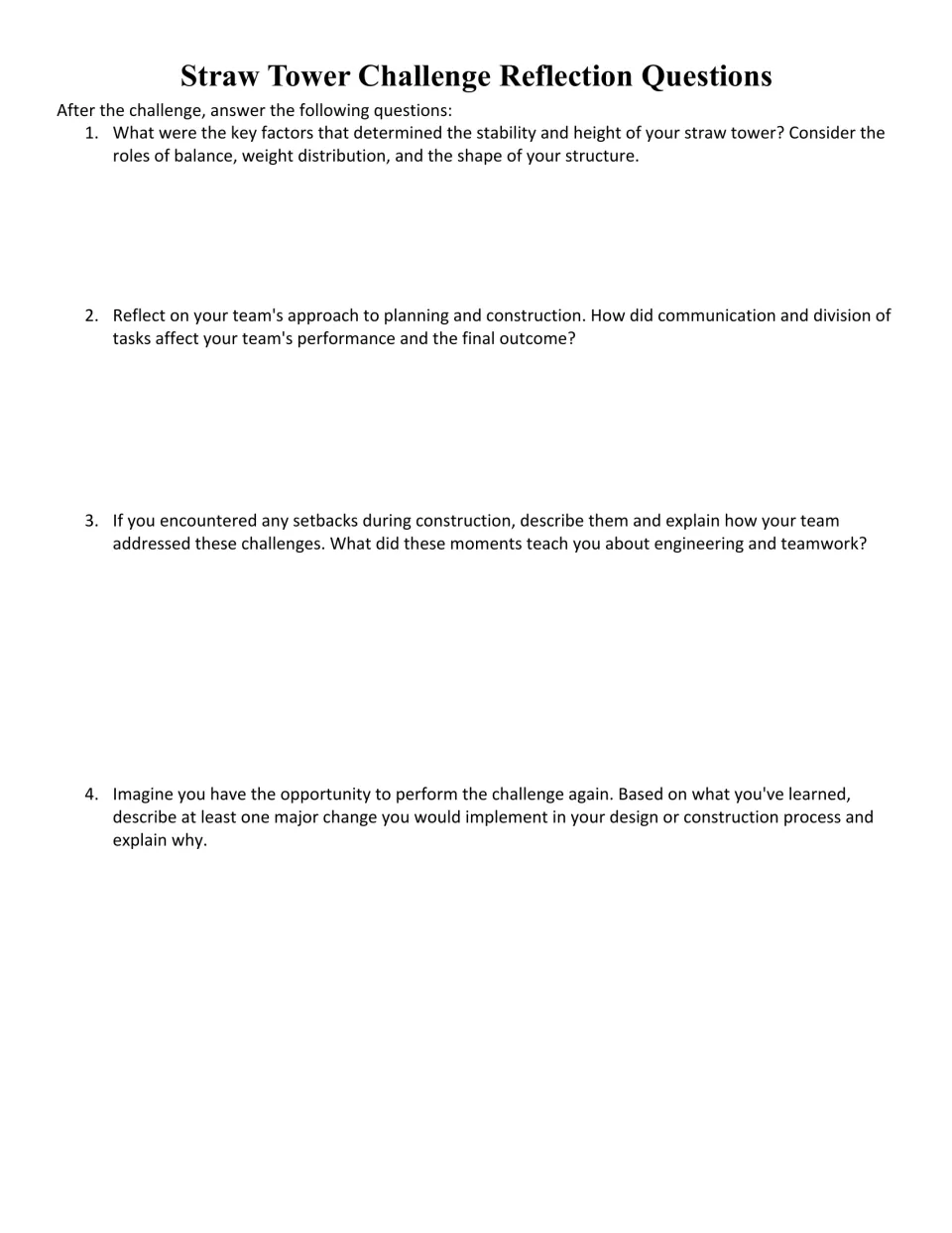 Tower reflection: students write about stability factors, team communication, setbacks and one design change for next time