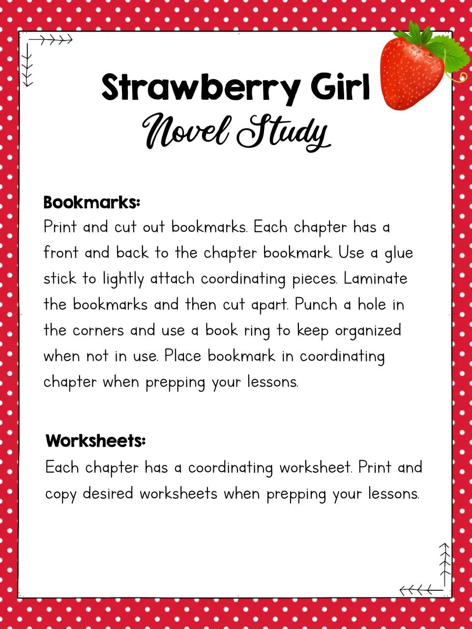 Novel study preparation instructions for assembling two-sided chapter bookmarks and printing matching worksheets
