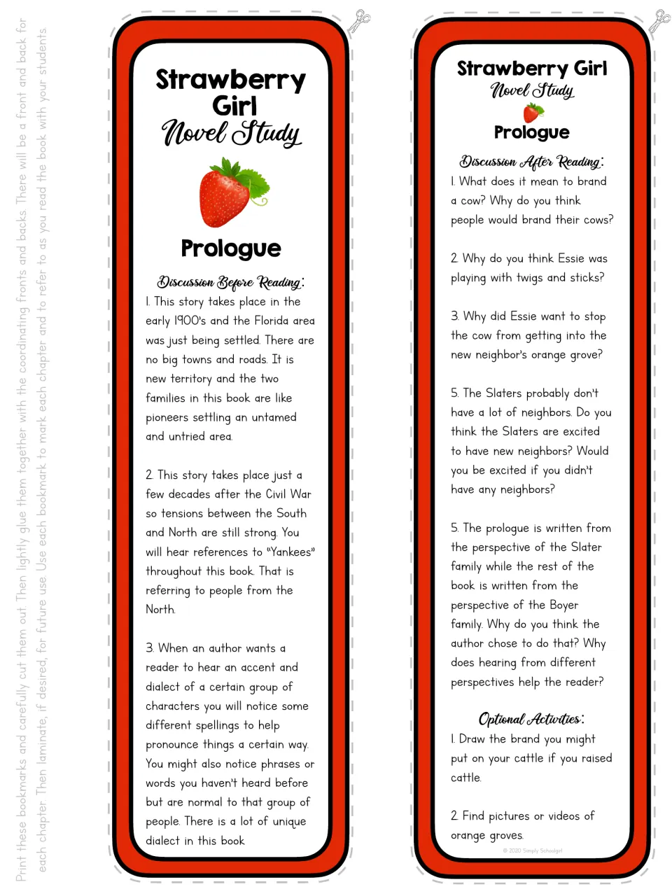 Prologue bookmark front and back: discussion of Florida settlement, dialect, cattle brands, and perspective