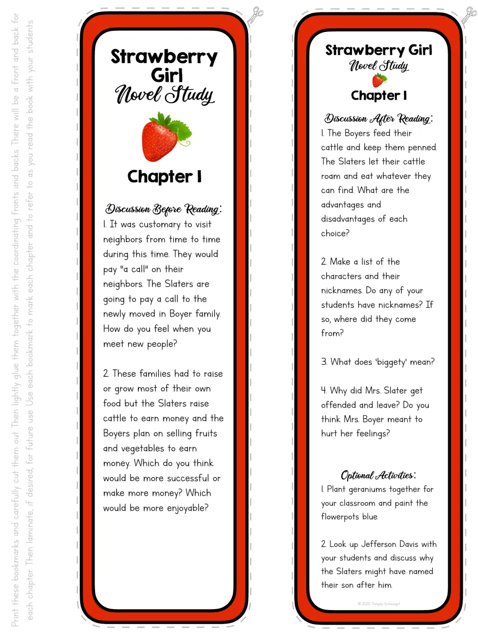 Chapter 1 bookmark front and back: discussion of visiting neighbors, farming, cattle care, and nicknames