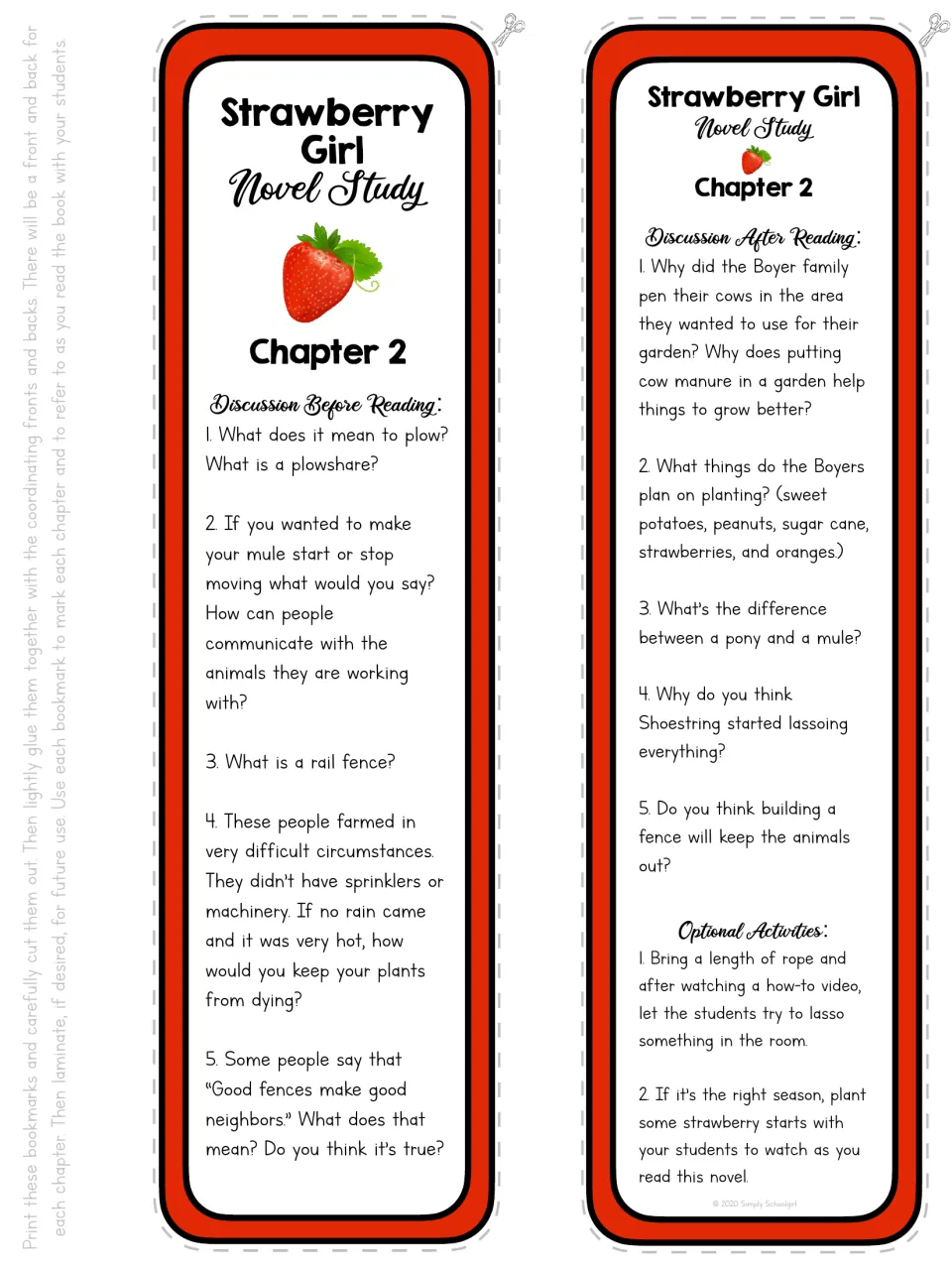 Chapter 2 bookmark front and back: discussion of plowing, fences, manure, crops, and working with animals