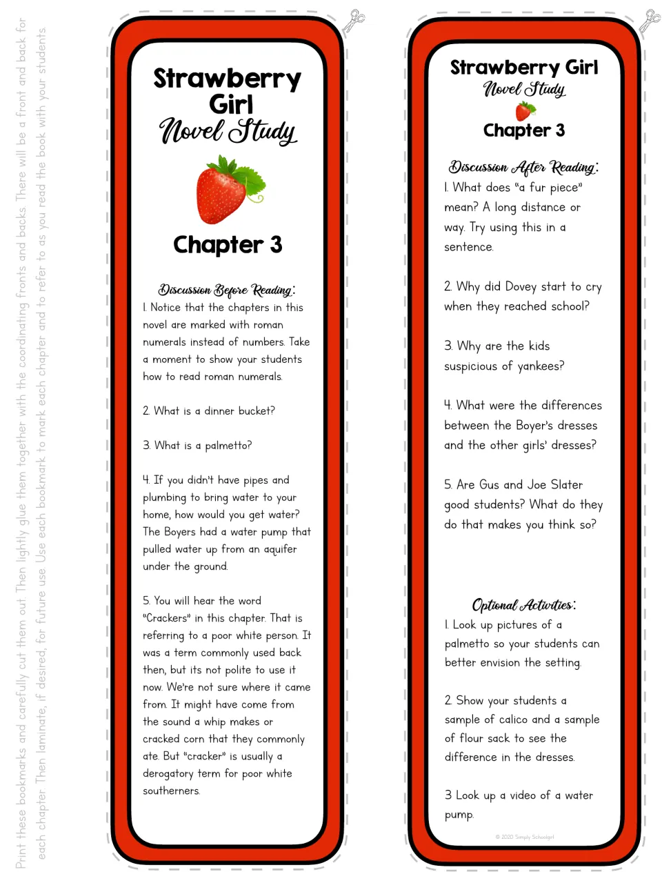 Chapter 3 bookmark front and back: discussion of Roman numerals, water pumps, school, clothing, and dialect