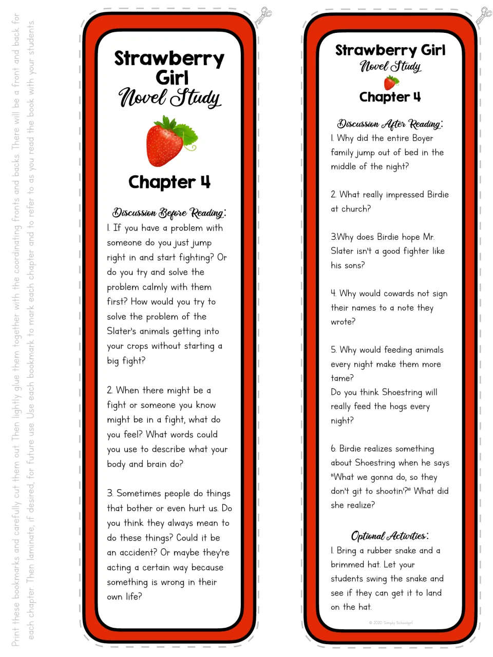 Chapter 4 bookmark front and back: discussion of resolving conflict, feelings, animal care, and Shoestring