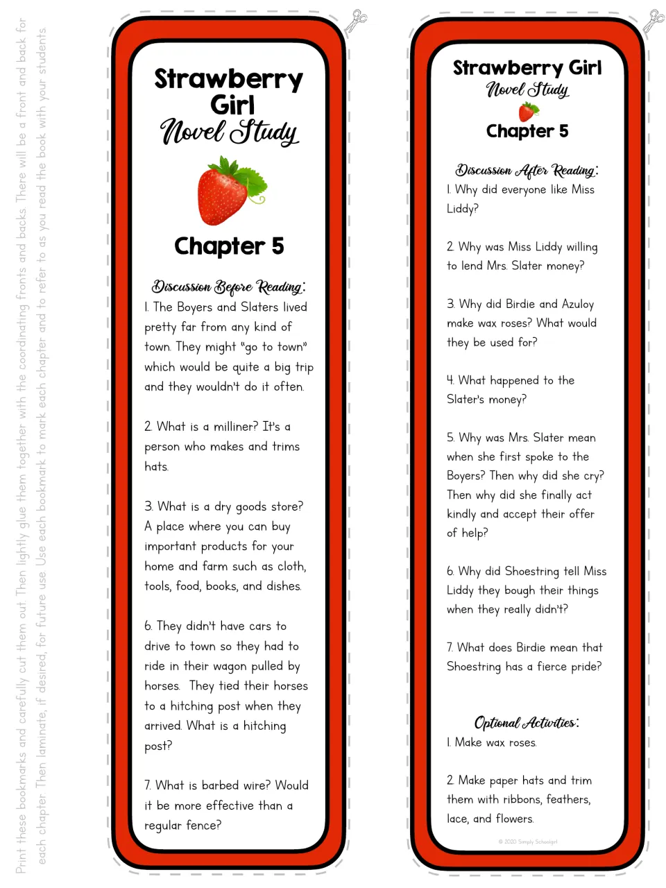 Chapter 5 bookmark front and back: discussion of town visits, milliners, Miss Liddy, money, help, and pride