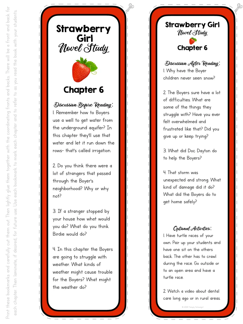 Chapter 6 bookmark front and back: discussion of irrigation, strangers, weather, hardships, and Doc Dayton