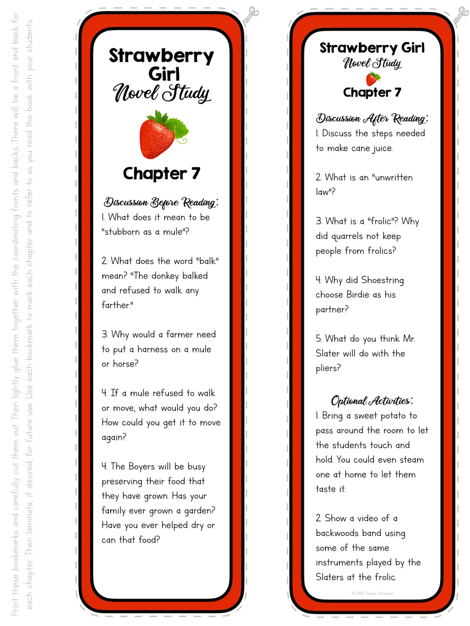 Chapter 7 bookmark front and back: discussion of mules, preserving food, cane juice, frolics, and unwritten laws