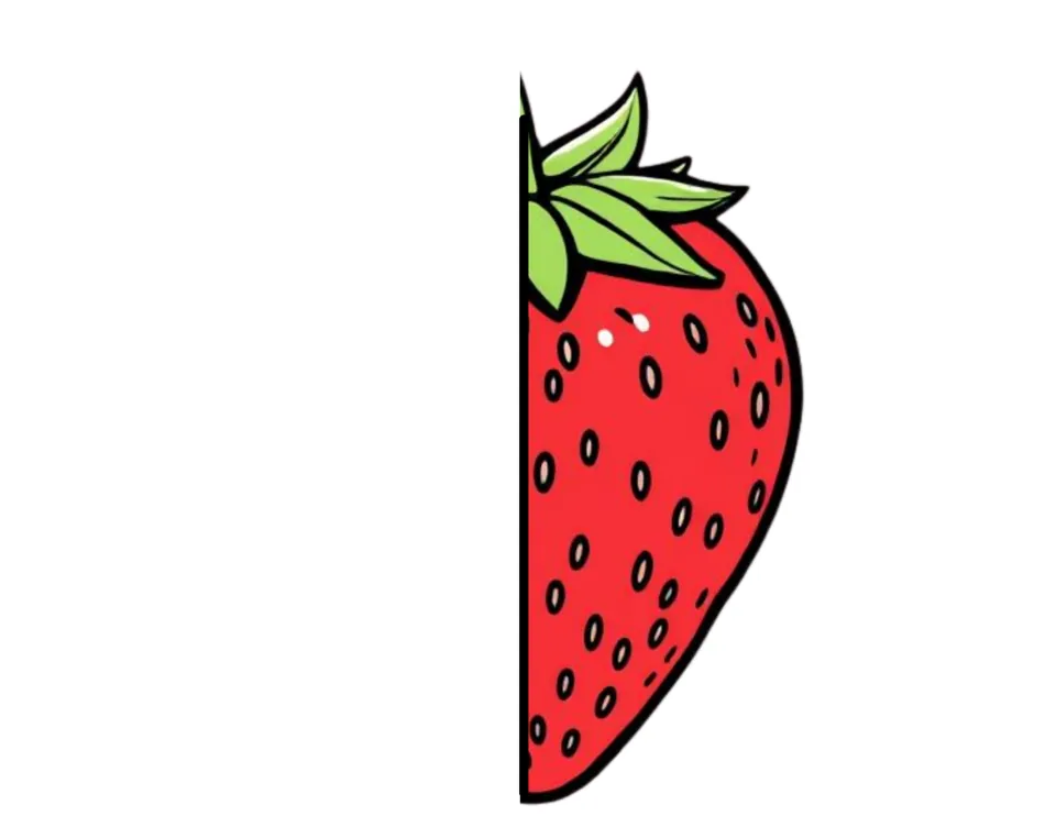 Right half of a red strawberry with green leaves and seeds, a cut-out piece that pairs with the matching left half