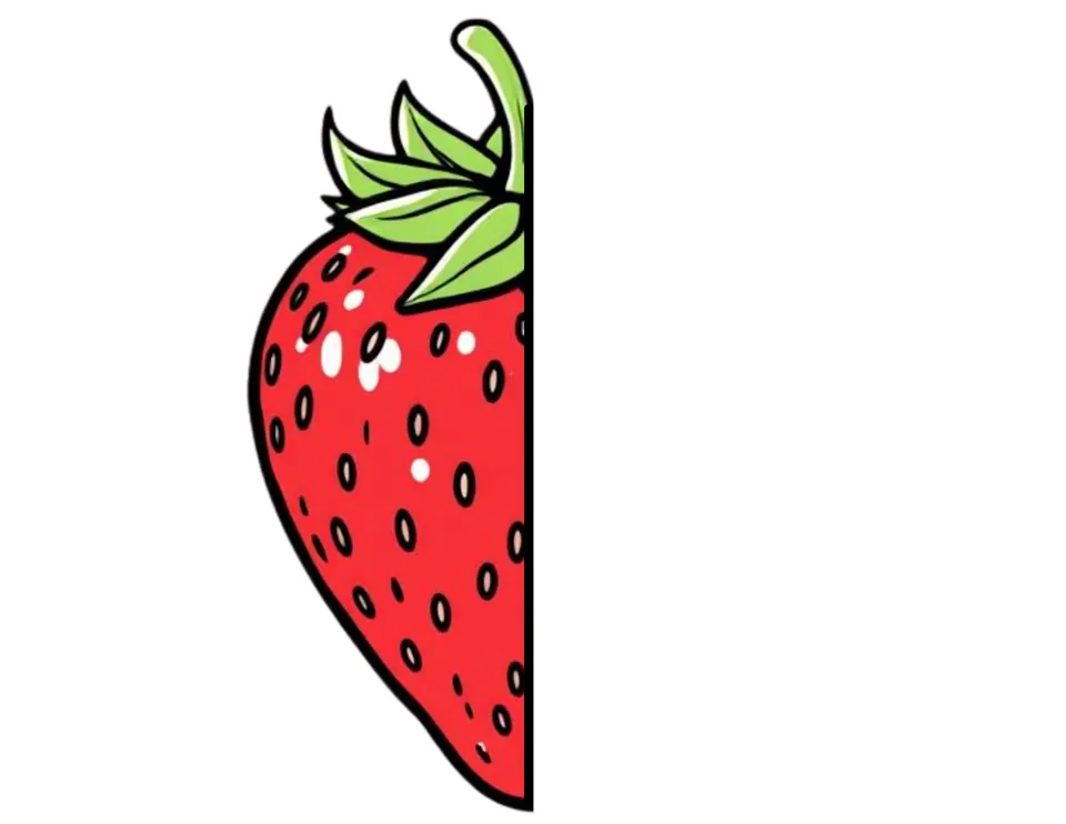 Left half of a red strawberry with green leaves and a stem, a cut-out piece that completes the berry from the previous page