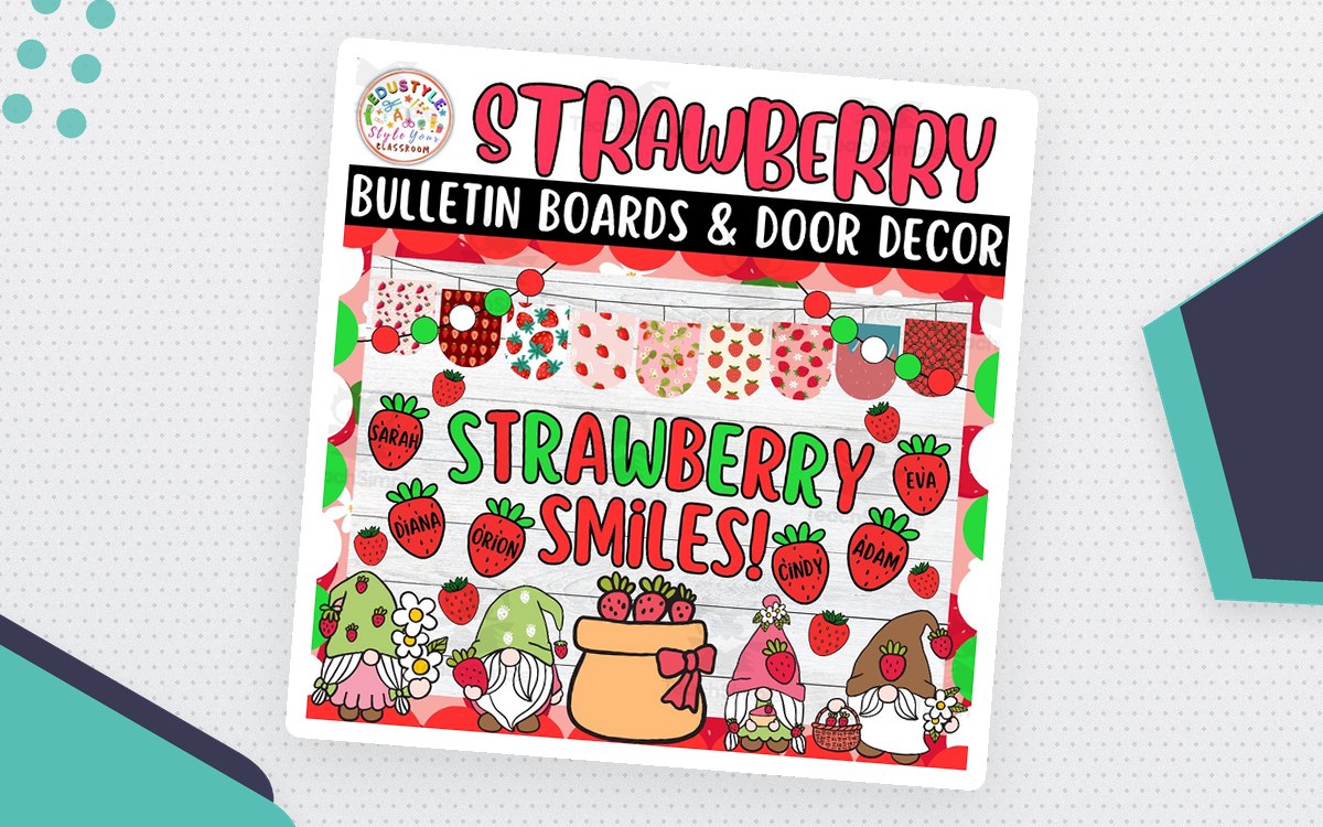 Strawberry Smiles bulletin-board and door-decor cover with strawberry artwork.