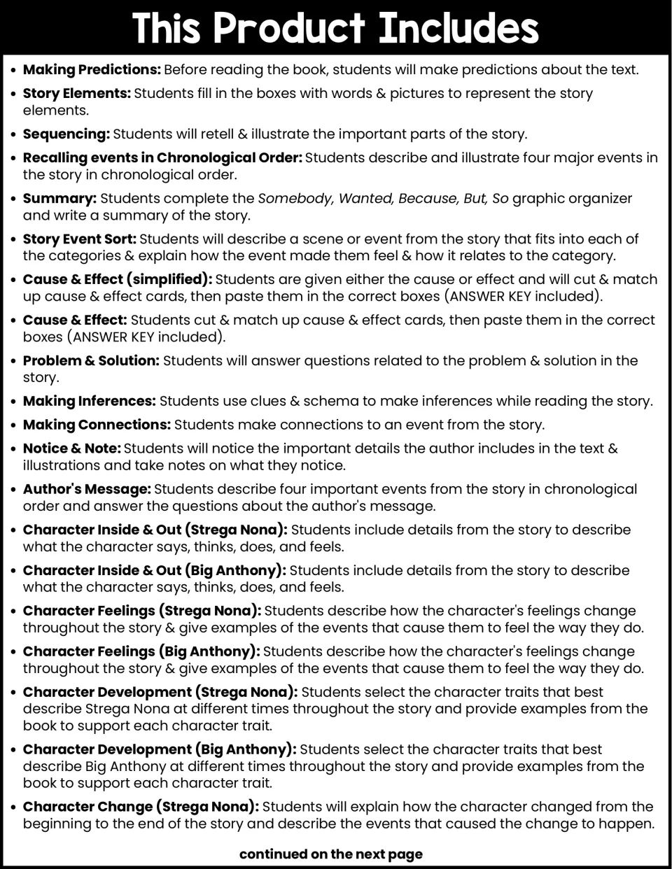 Activity guide, part 1: predictions, story elements, sequencing, summary, and character analysis tasks.