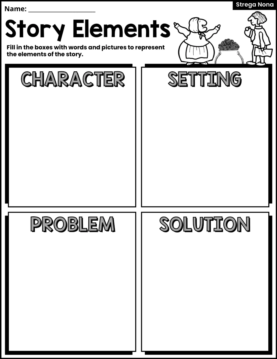 Story Elements activity asks students to represent character, setting, problem, and solution in words and pictures.
