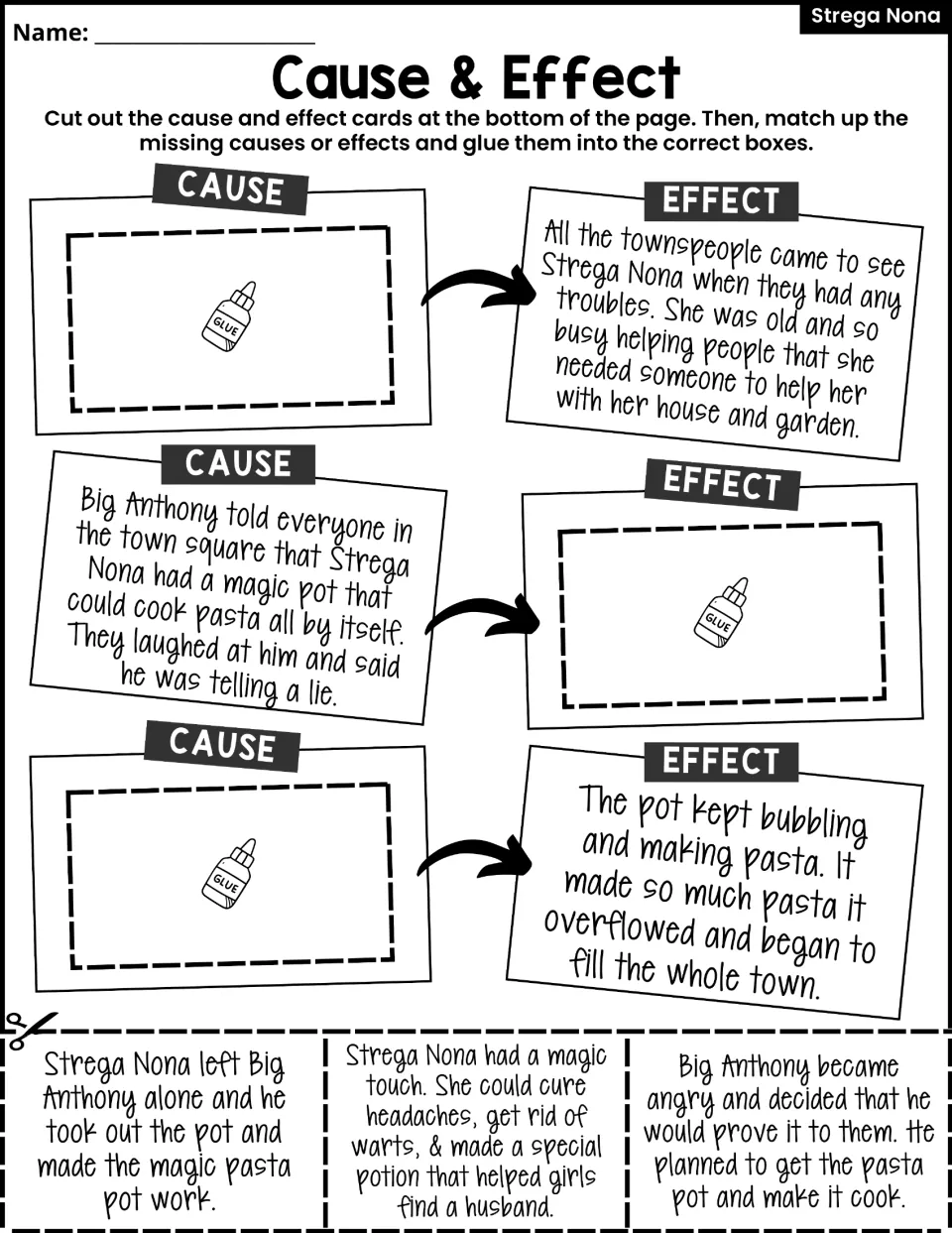 Cause & Effect activity has three cut-and-paste matches about Strega Nona's magic, Big Anthony, and overflowing pasta.