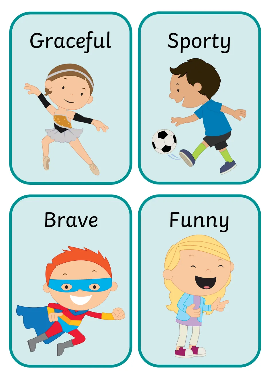 Positive trait cards: Graceful ballet dancer, Sporty boy kicking a ball, Brave superhero and Funny laughing girl