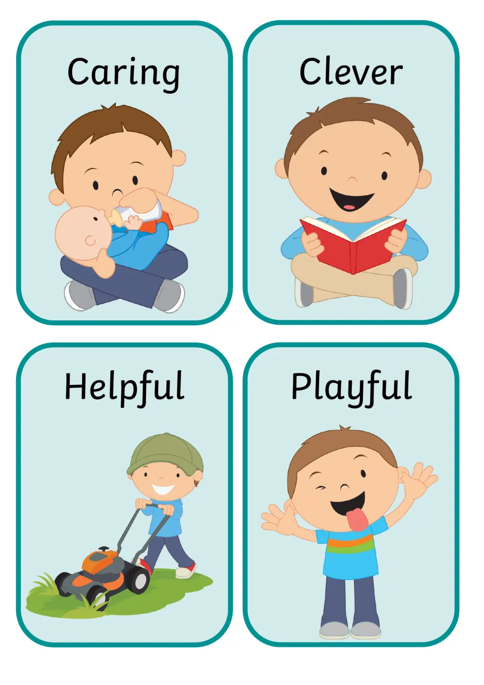Personal quality cards: Caring boy feeding a baby, Clever boy reading, Helpful boy mowing grass, Playful boy pulling a face