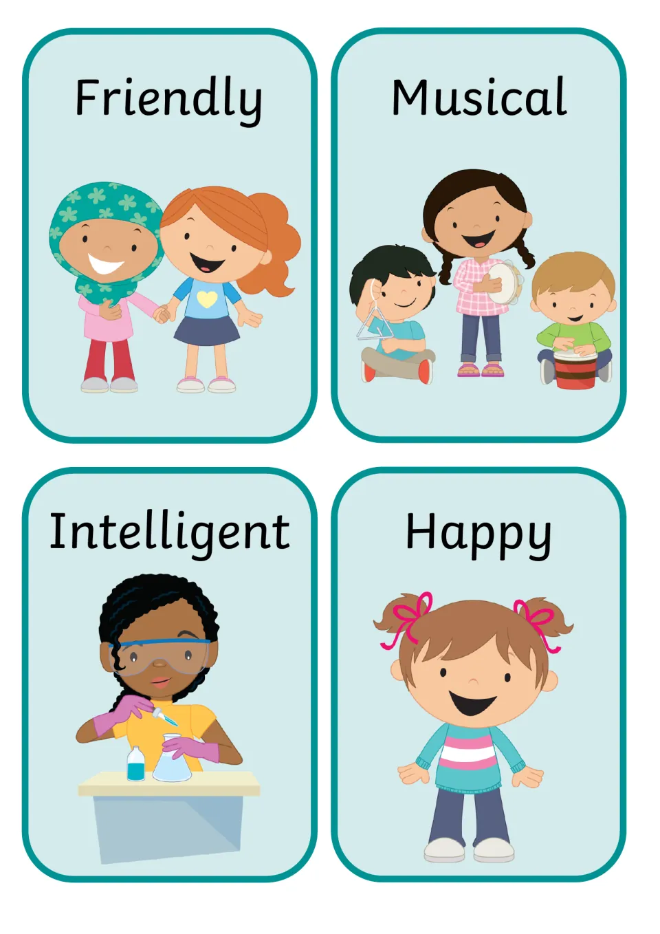 Trait cards: Friendly girls holding hands, Musical children with instruments, Intelligent girl doing science, Happy girl