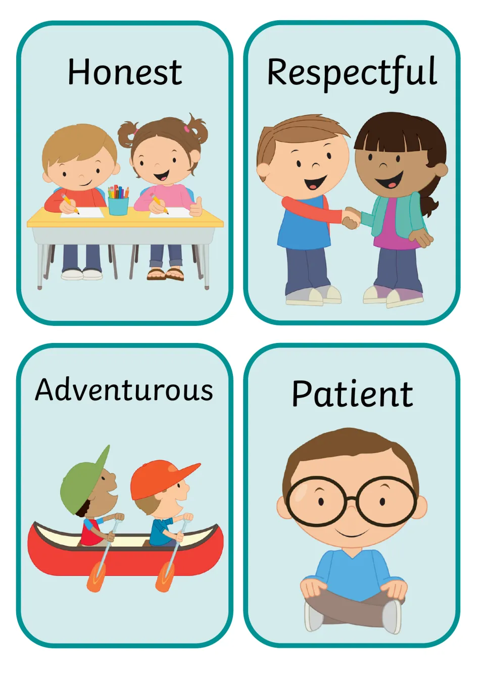 SEL cards: Honest children working at desks, Respectful handshake, Adventurous canoe paddlers, Patient seated boy