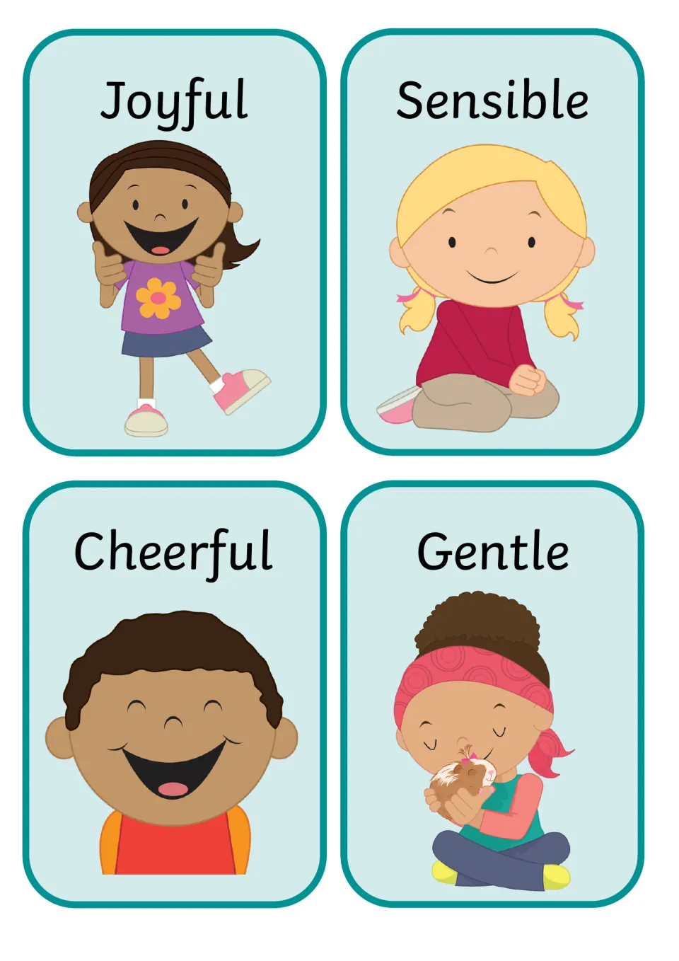 Picture cards: Joyful girl giving thumbs up, Sensible girl sitting, Cheerful laughing boy, Gentle girl hugging a pet