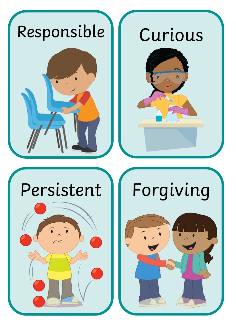 Responsible boy stacking chairs, Curious girl doing a science experiment, Persistent juggler and Forgiving handshake cards