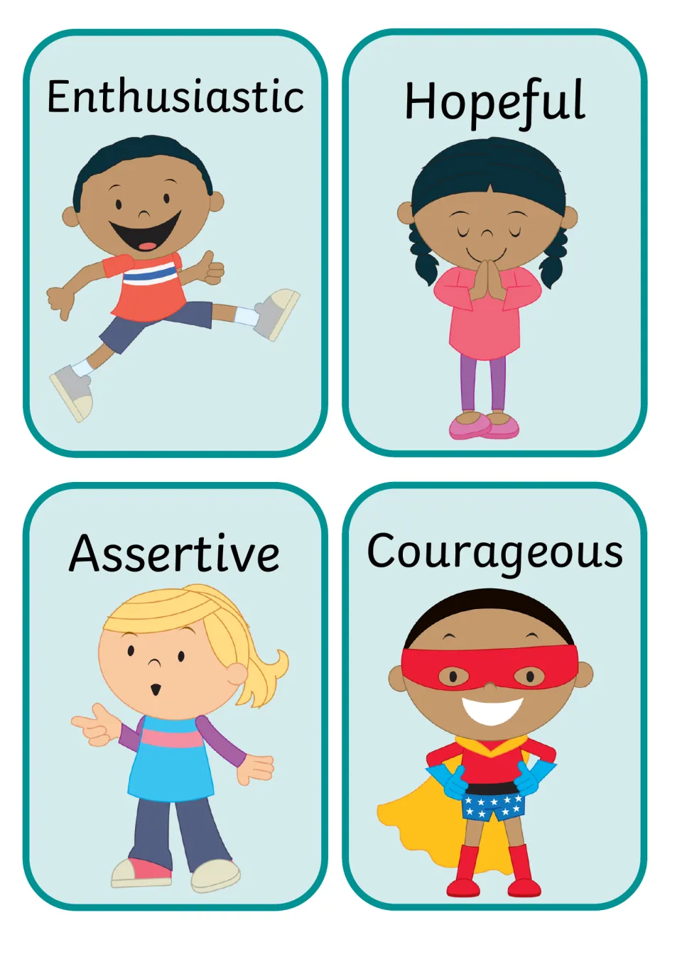 Enthusiastic boy leaping, Hopeful girl with hands together, Assertive girl pointing, Courageous masked superhero cards
