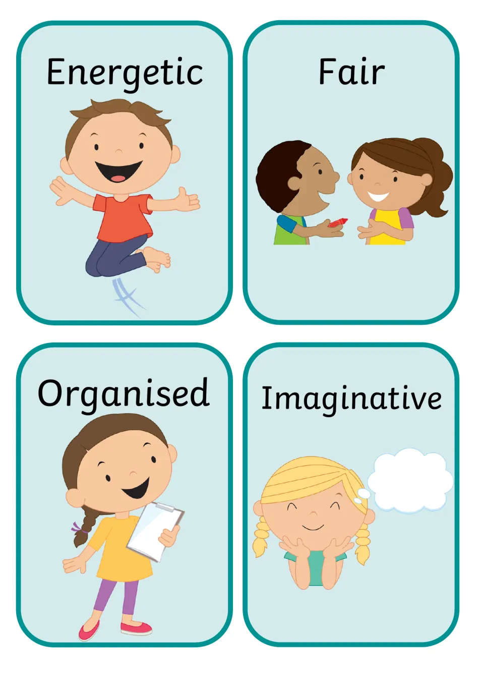 Word cards: Energetic boy jumping, Fair boy sharing a crayon, Organised girl with a clipboard, Imaginative girl daydreaming