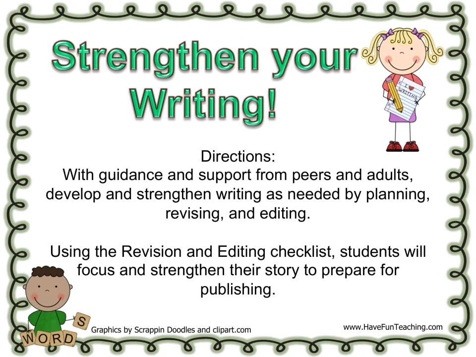 Strengthen your Writing! cover with directions: students use a checklist to revise and edit a story before publishing