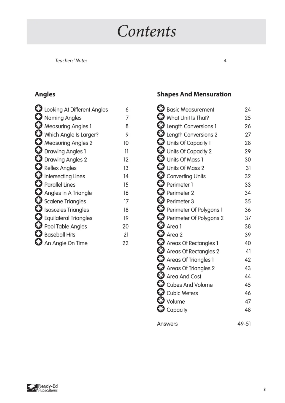 Contents listing Angles activities on pages 6–22, Shapes and Mensuration on 24–48, and answers on 49–51