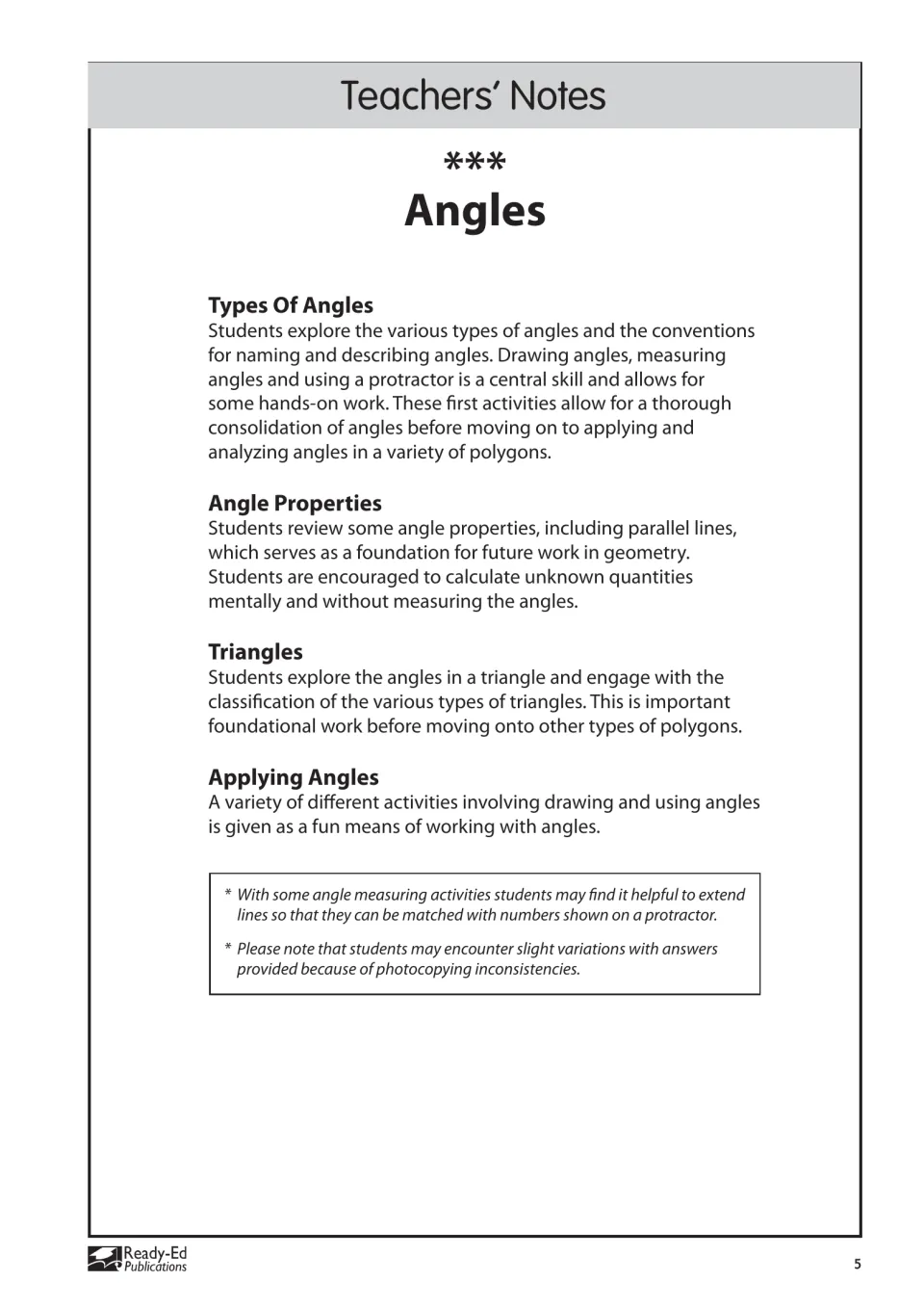 Teachers' notes for the Angles section: types of angles, angle properties, triangles and applying angles