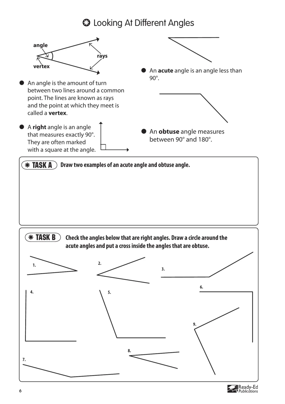 Looking At Different Angles: rays, vertex, right, acute and obtuse angles, then drawing and sorting 9 angles