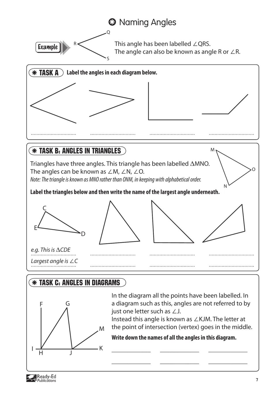 Naming Angles: labeling angles such as ∠QRS, naming triangles like ΔMNO, and listing all angles in a diagram