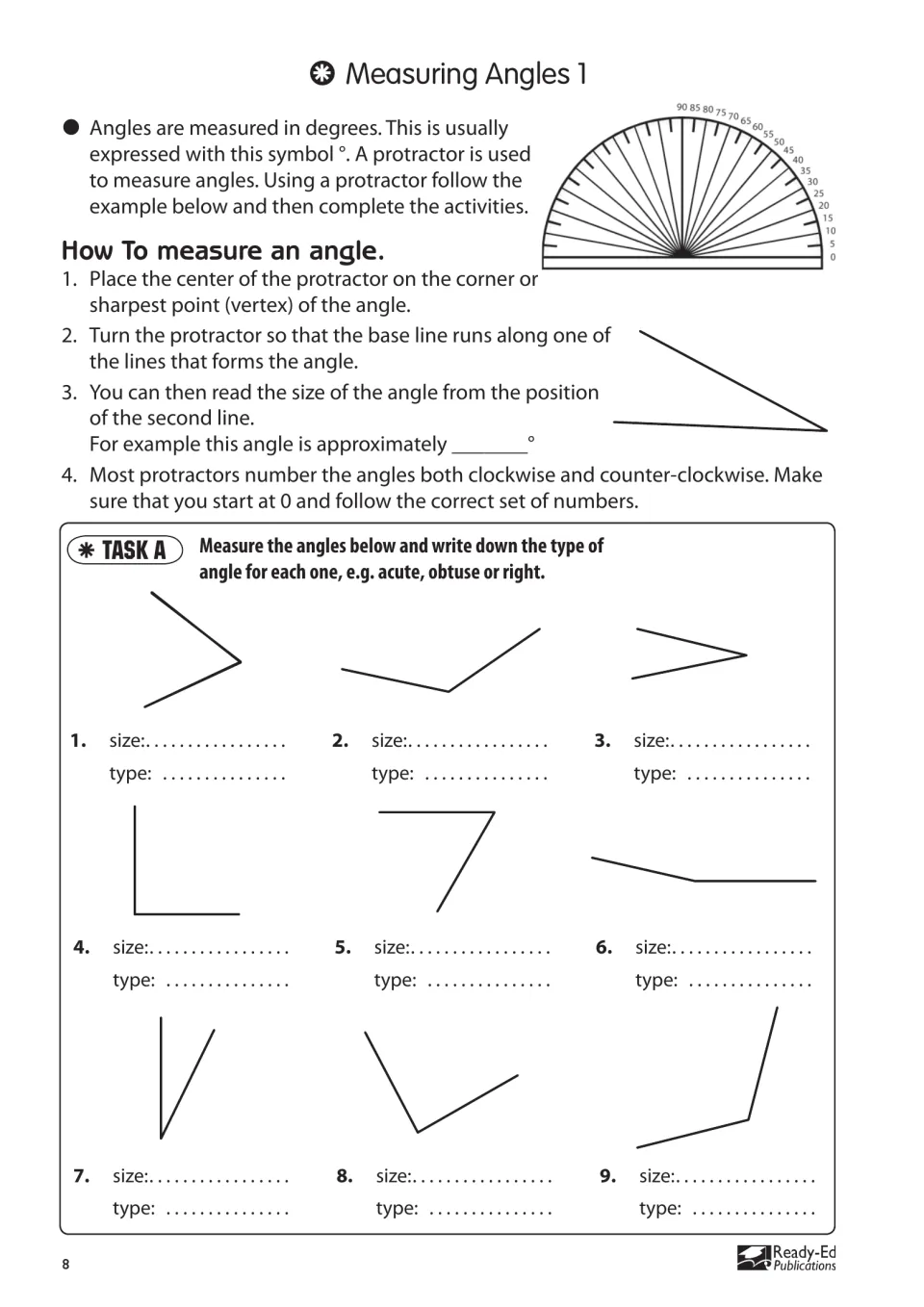 Measuring Angles 1: steps for using a protractor, then measuring 9 angles and naming each acute, obtuse or right