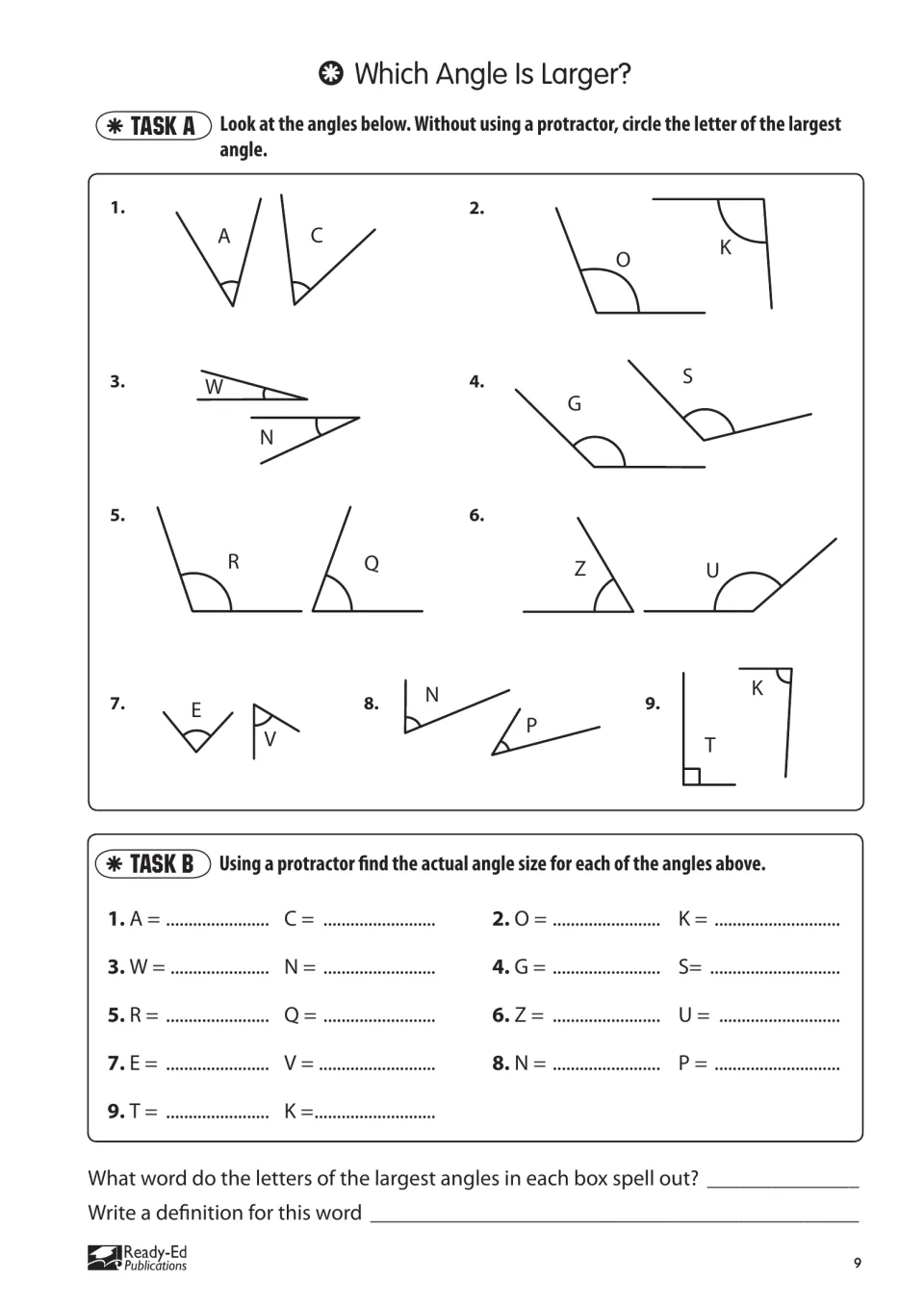 Which Angle Is Larger?: circle the larger of 9 angle pairs, measure each, and find the word the letters spell