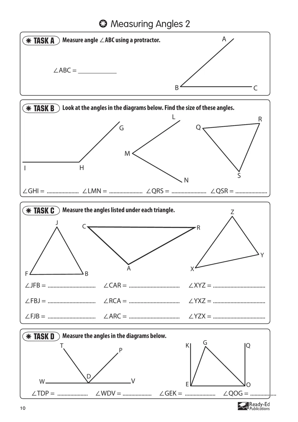 Measuring Angles 2: measuring ∠ABC, angles such as ∠GHI and ∠LMN, and the angles in triangles JFB, CAR and XYZ