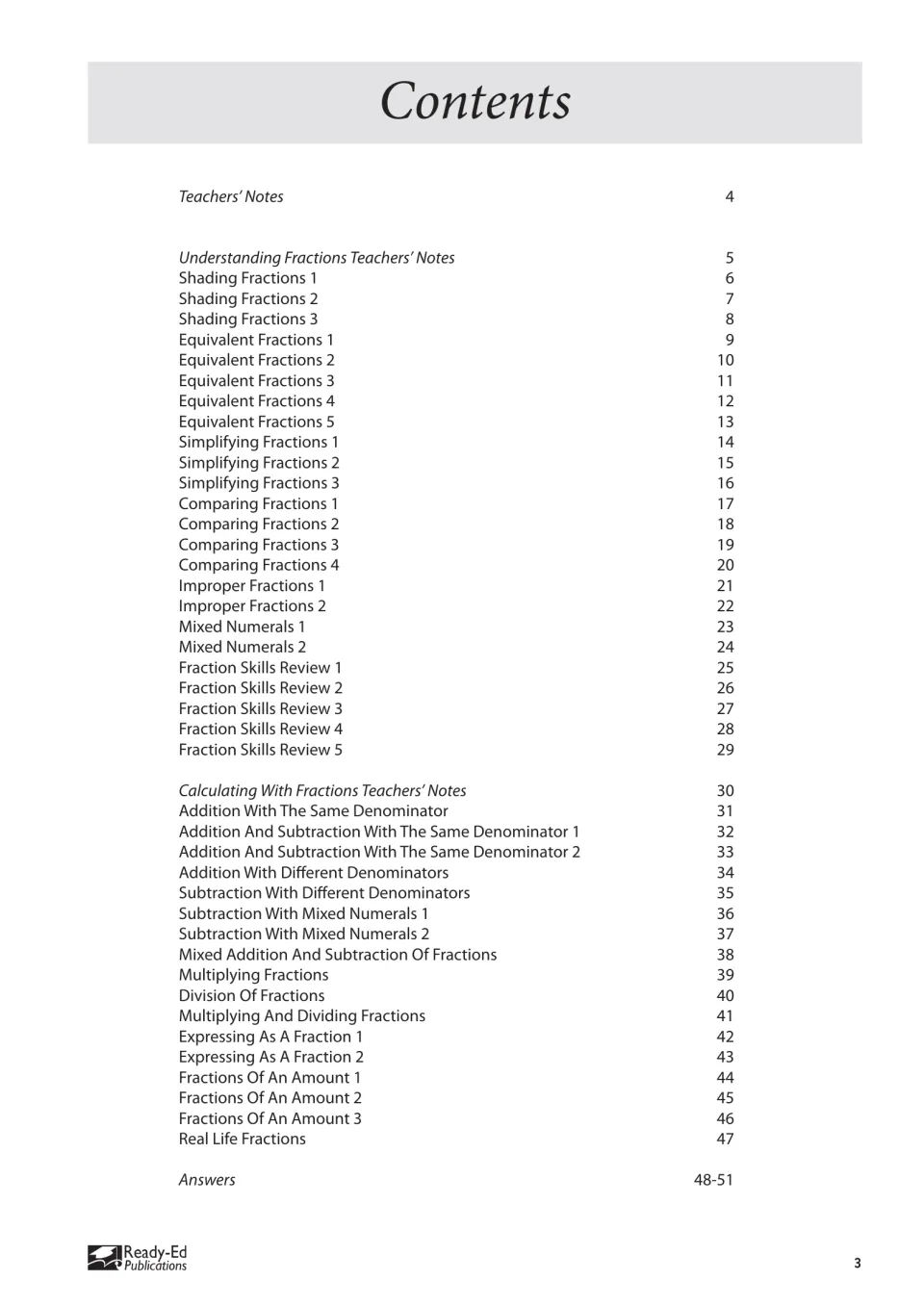 Workbook contents list fraction concepts, calculation worksheets, teacher notes, and answers on pages 48–51