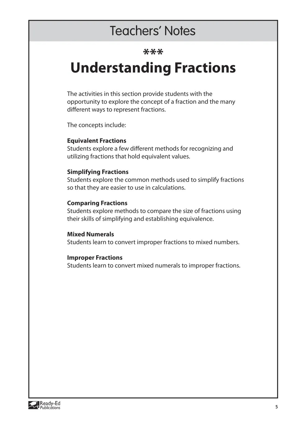 Understanding Fractions teacher notes introduce equivalence, simplifying, comparing, and mixed numbers